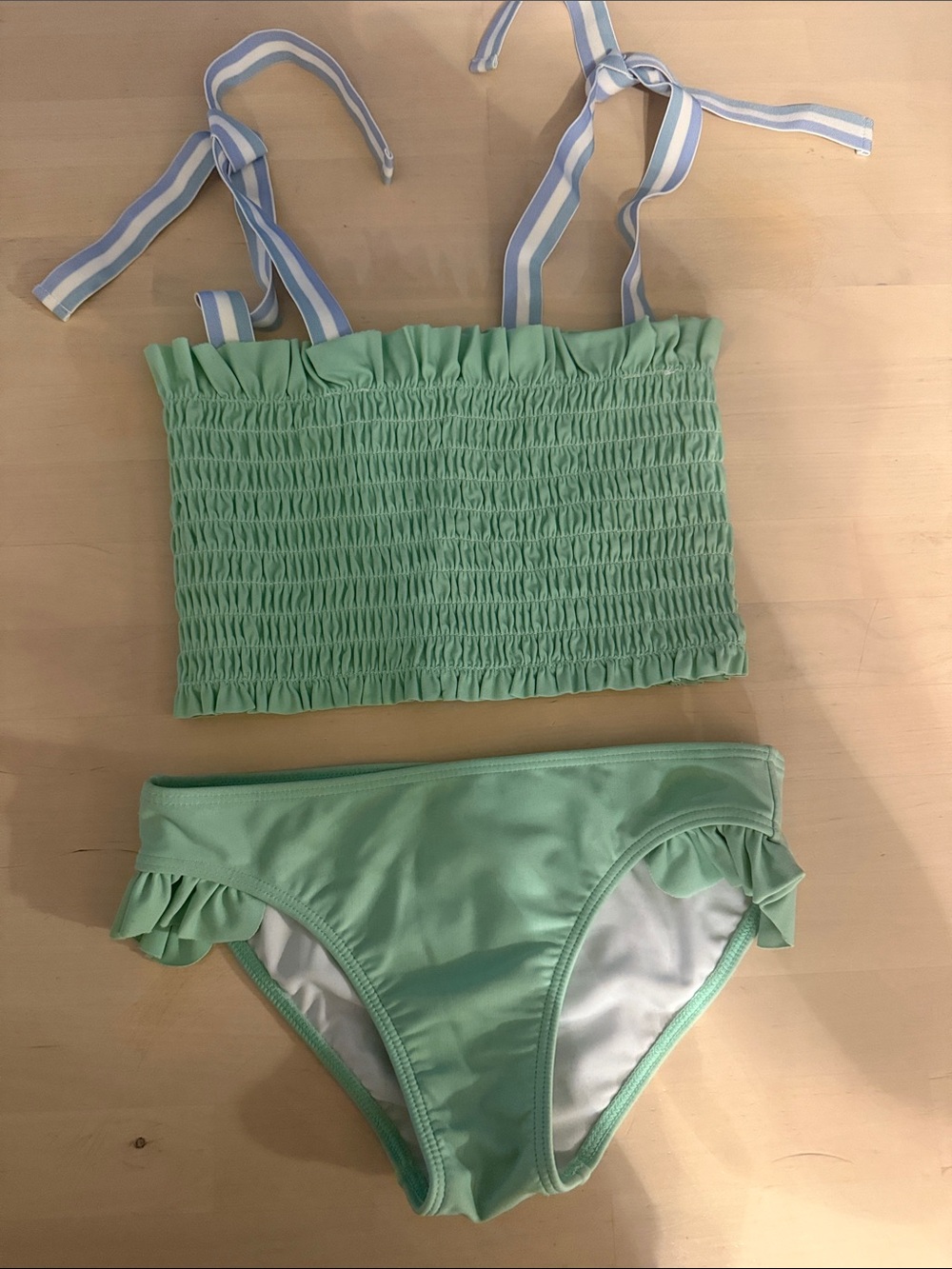 Kids Mint Green Smocked Bikini with Blue-White Striped Ties